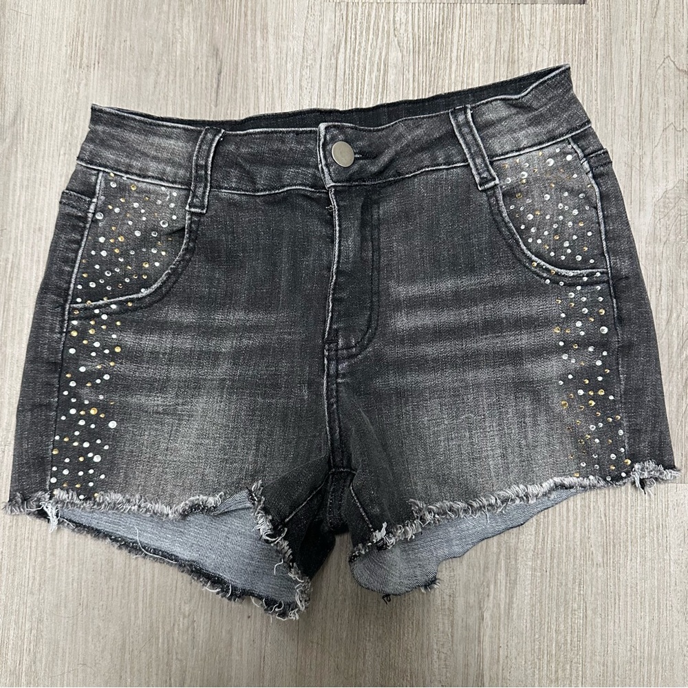 Vocal Black Denim Frayed Shorts with Rhinestone Detail S